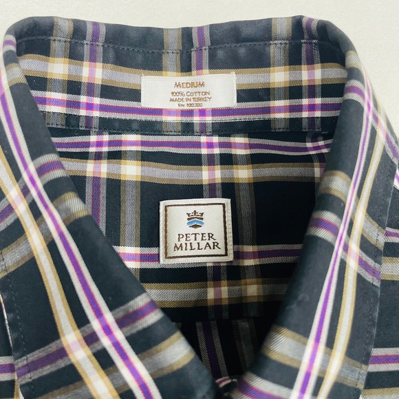 Peter Millar Mens Medium Plaid Button Down Shirt Navy Purple Cotton Long Sleeve - Picture 3 of 8